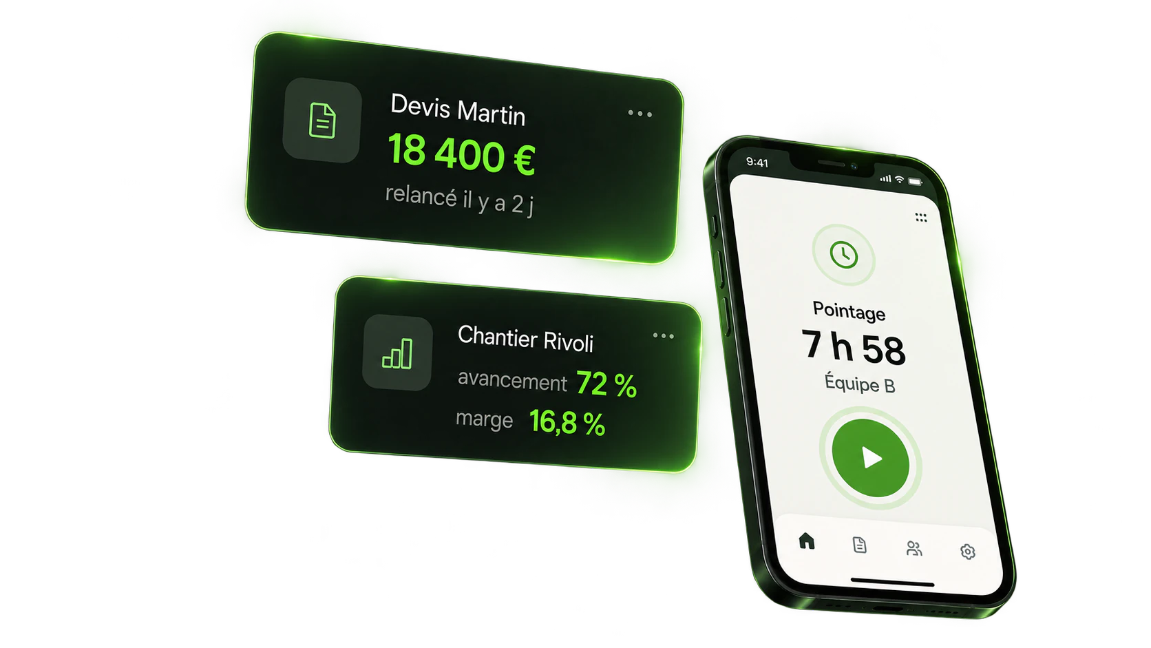 Devis, chantiers, planning, pointage et réception : l'application qui relie le bureau et les équipes, sans remplacer votre logiciel de devis.